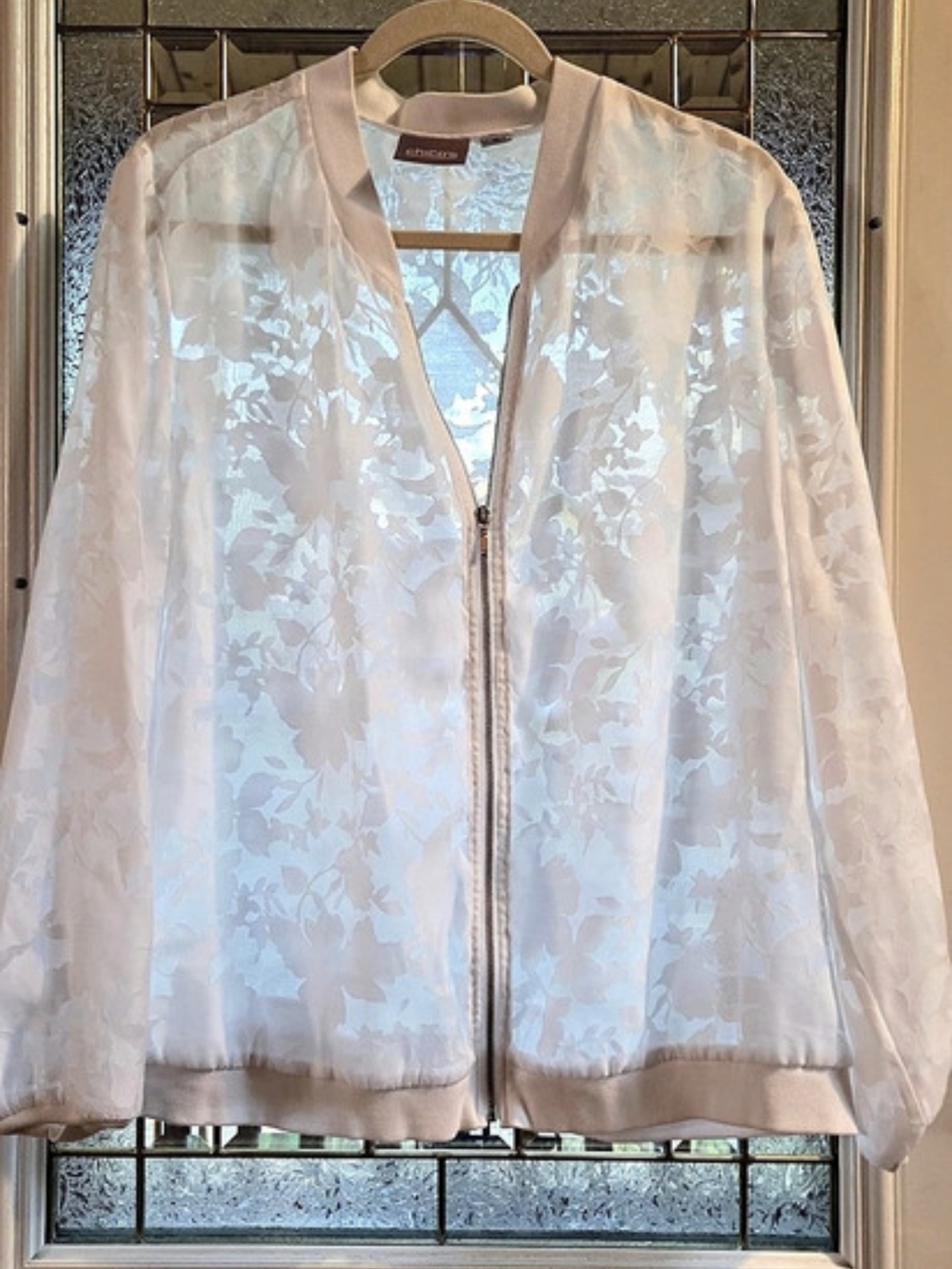 Chico's Floral Bridal Bomber Jacket in White  Mesh Lace Size Large Transparent